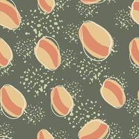 Ripe seamless pattern with random pink abstract peach ornament. Grey background with splashes. vector