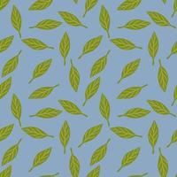 Decorative seamless pattern with random little green leaves simple ornament. Blue pastel background. vector