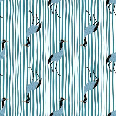 Scrapbook seamless pattern with creative crane bird silhouettes print. Blue striped background.