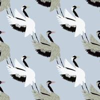 Cartoon animal seamless pattern with hand drawn crane bird print. Light blue background. Chinese design. vector