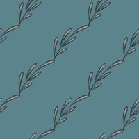 Seamless pale pattern with diagonal floral doodle branches elements print. Pale navy blue background. vector