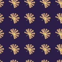 Yellow contrast seamless pattern with folk licuala palm ornament on navy blue background. vector