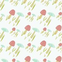 Isolated hand drawn forest seamless pattern with fungus shapes. Amanita ornament in pink and blue colors on white background. vector