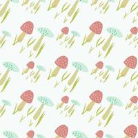 Isolated hand drawn forest seamless pattern with fungus shapes. Amanita ornament in pink and blue colors on white background. vector