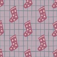 Pale seamless pattern with doodle pink christmas socks print. Chequered light purple background. Winter backdrop. vector