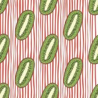 Organic seamless pattern with fresh kiwi half fruit ornament. Green shapes on red striped background. vector