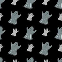 Seamless doodle pattern with ghosts ornament. Grey scary elements on black background. Dark artwork. vector