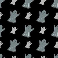 Seamless doodle pattern with ghosts ornament. Grey scary elements on black background. Dark artwork. vector