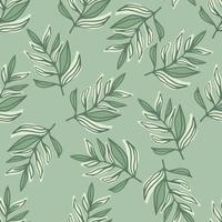 Botanic seamless pattern with outline contoured leaves elements. Artwork in pastel green tones. vector