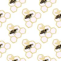 Minimalistic isolated seamless pattern with bees and honeycomb shapes. White background with yellow and black colores ornament. vector