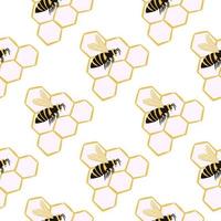 Minimalistic isolated seamless pattern with bees and honeycomb shapes. White background with yellow and black colores ornament. vector