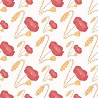 Isolated seamless doodle pattern with flower ornament. Red and orange tones hand drawn poppies on white background. vector
