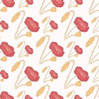 Isolated seamless doodle pattern with flower ornament. Red and orange tones hand drawn poppies on white background. vector