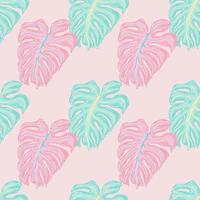 Pastel tones seamless pattern with pink and blue outline monstera silhouettes print. Pastel background. vector