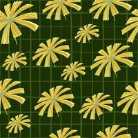 patrón sin costuras de siluetas de licuala de palma amarilla al azar. fondo verde a cuadros. impresión de garabatos. vector