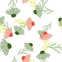 Isolated nature seamless pattern with pink and green random chamomile flowers. White background. vector