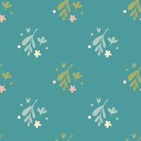 Simple small flowers and leaf seamless pattern on green background vector
