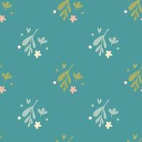 Simple small flowers and leaf seamless pattern on green background vector