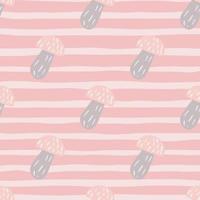 Doodle cartoon vegie seamless pattern with mushroom ornament. Pink striped background. vector