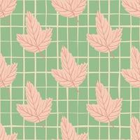 Pastel pink simple leaves seamless cartoon pattern. Green chequered background. Nature backdrop. vector