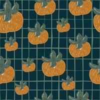 Random seamless pattern with pale orange persimmon elements. Navy blue chequered background. vector