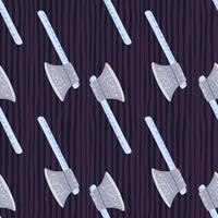 Light grey iron hatchets seamless stylized pattern. Warrior simple print with purple dark striped background. vector