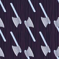 Light grey iron hatchets seamless stylized pattern. Warrior simple print with purple dark striped background. vector