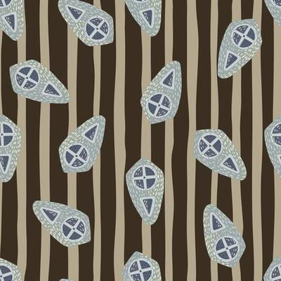 Seamless random pattern with grey shield shapes ornament. Brown and beige striped background. Weapon style artwork.