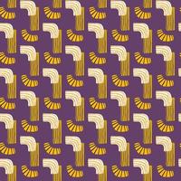 Bright hand drawn abstract shapes seamless pattern. Yellow and white figure ornament on purple background. vector