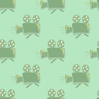 Green stylized cameras seamless pattern. Light turquoise background. Simple cinema style backdrop. vector