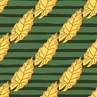 Orange diagonal doodle leaf ornament seamless pattern. Green striped background. Abstract style. vector