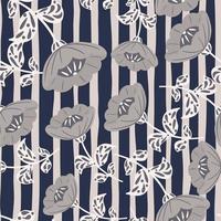 Random seamless pattern in hand drawn style with grey folk flowers ornament. Navy blue striped background. vector