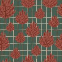 Dark tones seamless random doodle pattern with simple brown autumn leaves. Green chequered background. vector