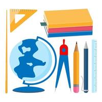 School supplies set. Textbooks, globe, pointer, compass, pen, pencil, ruler. vector