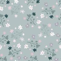 Random seamless doodle pattern with floral ornament. Branches and little daisy elements in white and blue colors. vector