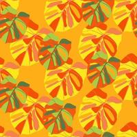 Bright summer exotic seamless pattern with monstera leafs. Orange and green tropical foliage print. vector