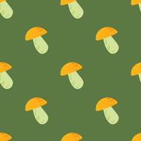 Seamless minimalistic pattern with orange mushrooms shapes. Green background. Boletus print design. vector