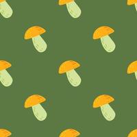 Seamless minimalistic pattern with orange mushrooms shapes. Green background. Boletus print design. vector