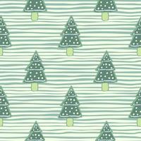 Winter seamless pattern with doodle tree cookies. New year dotted tasty dessert on stripped background. Blue and green tones palette. vector