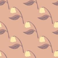 Purple and yellow tones scandinavian seamless pattern. Hand drawn floral elements on pink soft background. vector