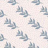Abstract seamless flora pattern with blue simple leaf branches ornament. Light pink dotted background. vector