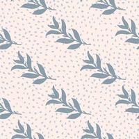 Abstract seamless flora pattern with blue simple leaf branches ornament. Light pink dotted background. vector