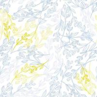 Random seamless pattern with herbal branches in blue and yellow tones. White background. vector