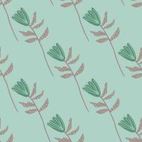 Botanic seamless pattern with green and beige flowers silhouettes. Light turquoise background. vector