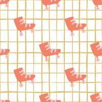 Seamless pattern with roller silhouettes. Red disco ornament on white background with yellow check. vector