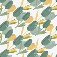 Isolated seamless pattern with tulip flowers silhouettes. Pale blue and yellow buds on white background. vector