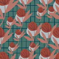 Random seamless pattern with dandelion. Red flowers on green chequered background. vector