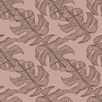 Autumn seamless doodle pattern with brown contoured monstera outline shapes. Pale pink background. vector