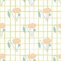 Minimalistic light seamless pattern with pale flowers. Poppy elements in pink tones on white chequered background. vector