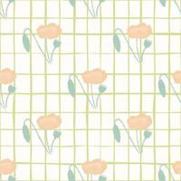 Minimalistic light seamless pattern with pale flowers. Poppy elements in pink tones on white chequered background. vector